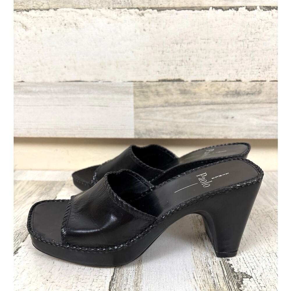 Linea Paolo Womens 7.5 Black Leather Slip On Open Toe Square Heel Dress Sandals